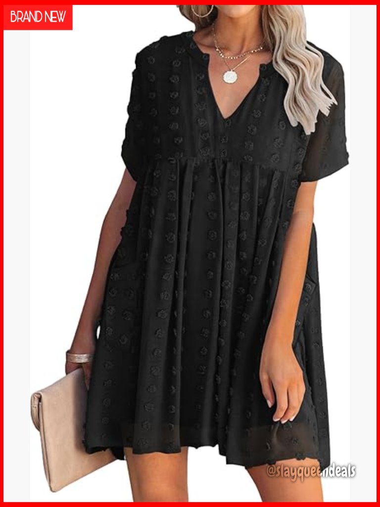 V Neck Short Sleeve Ruffle Flowy Mini Dress Swiss Dot
